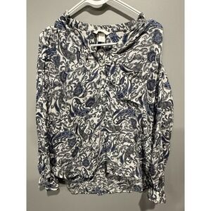 H&M Long Sleeve High-Low Hem V neck Shirt White Paisley patterned Size 6